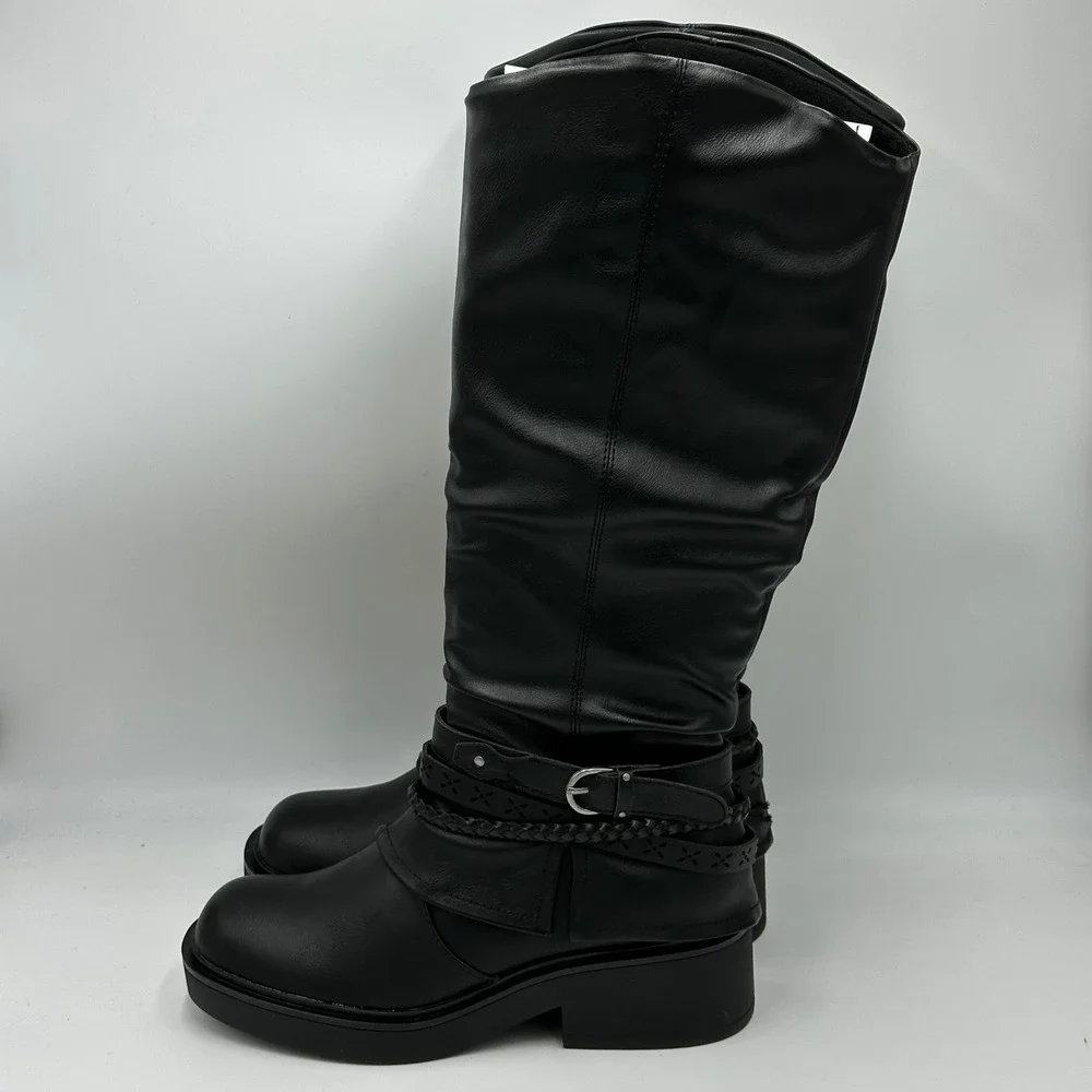NIB Pop Freeway Black Faux Leather Tall Riding Biker Moto Boots Western Womens 6